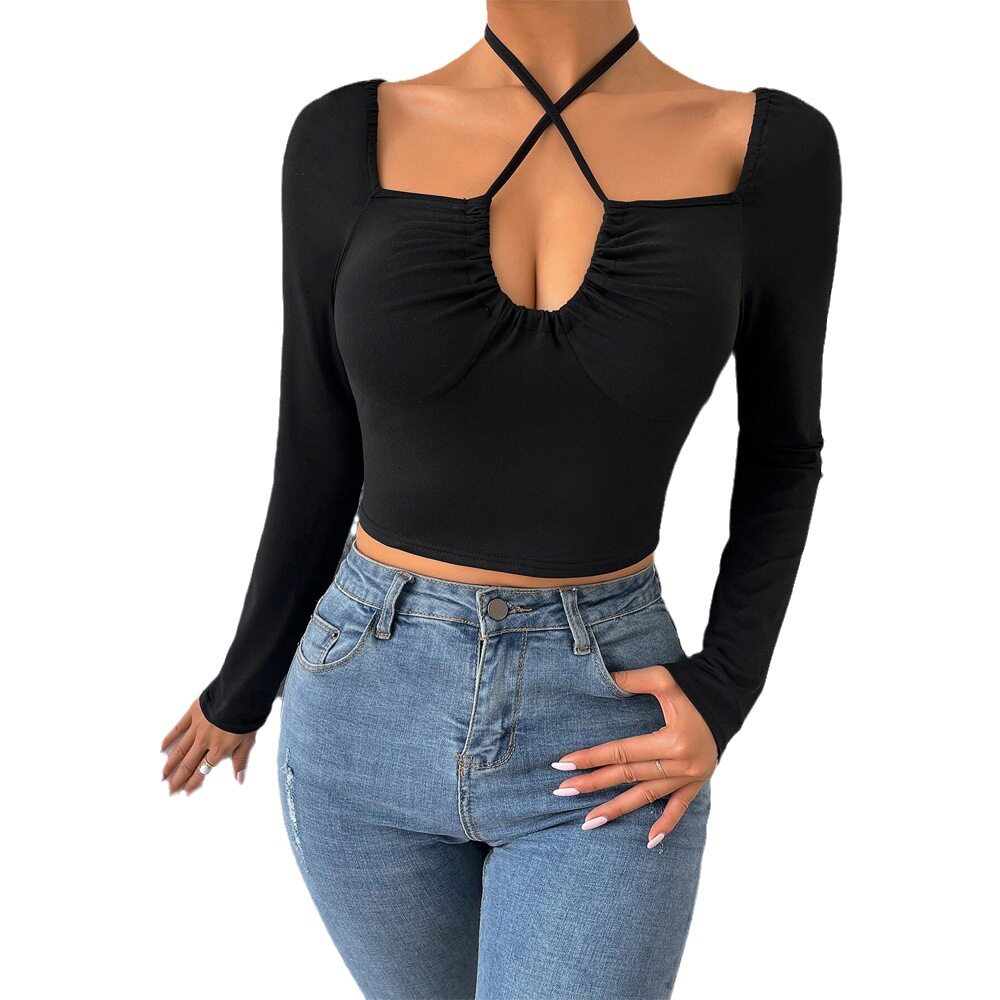 Womens Knit Long Sleeve Top Sexy Hollow Out Lace Up Design Slim Fit Autumn Winter Fashion Wholesale Available