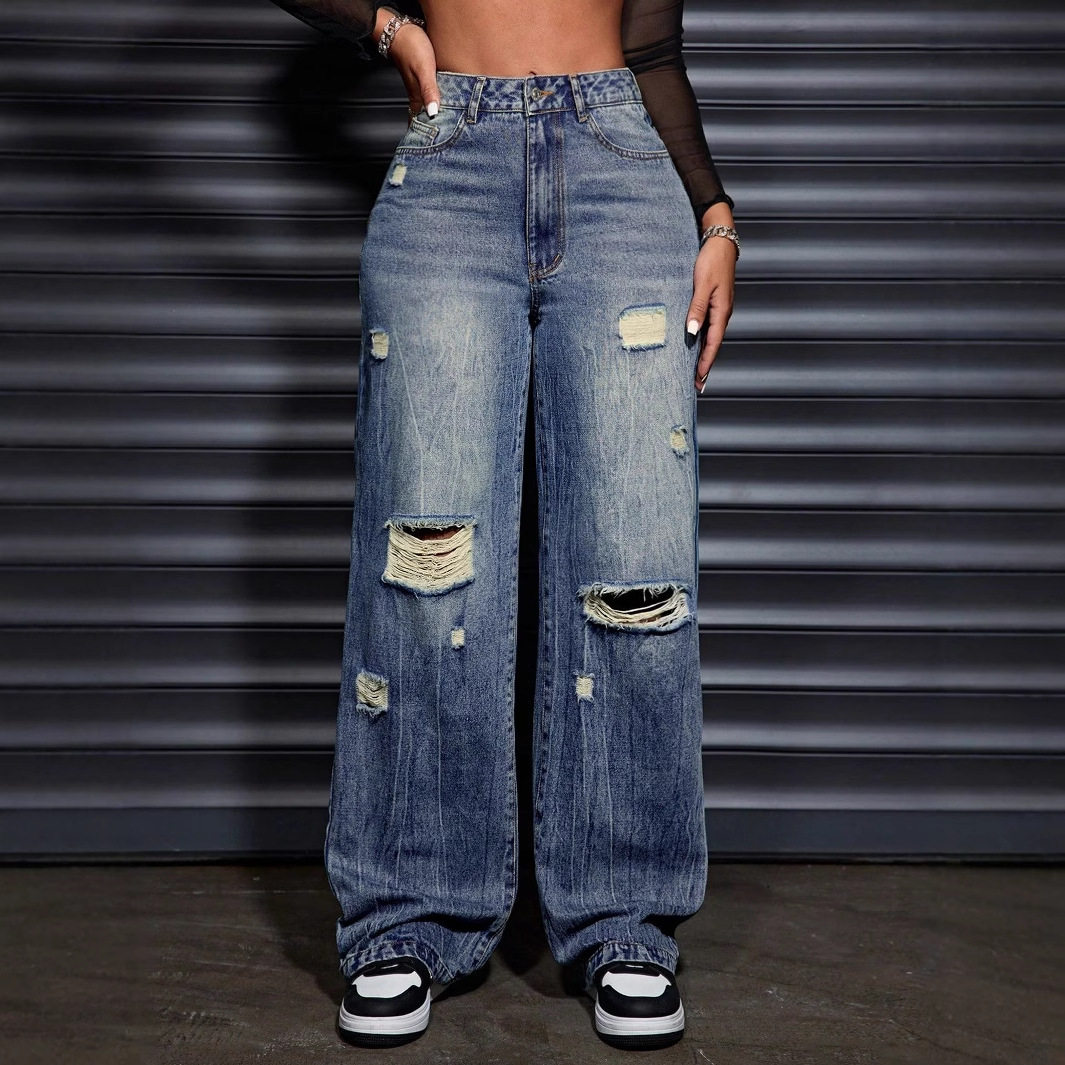 Womens Casual Loose Straight Leg Ripped Denim Jeans Comfortable Fit Stylish Design Versatile for Everyday Wear