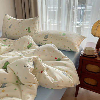 Class a Pure Cotton Double-Layer Yarn Four-Piece Set for Student Dormitory, Ins-Style Bed Sheet and Quilt Cover Three-Piece Set with Quilting Craftsmanship and Fitted Sheet Style