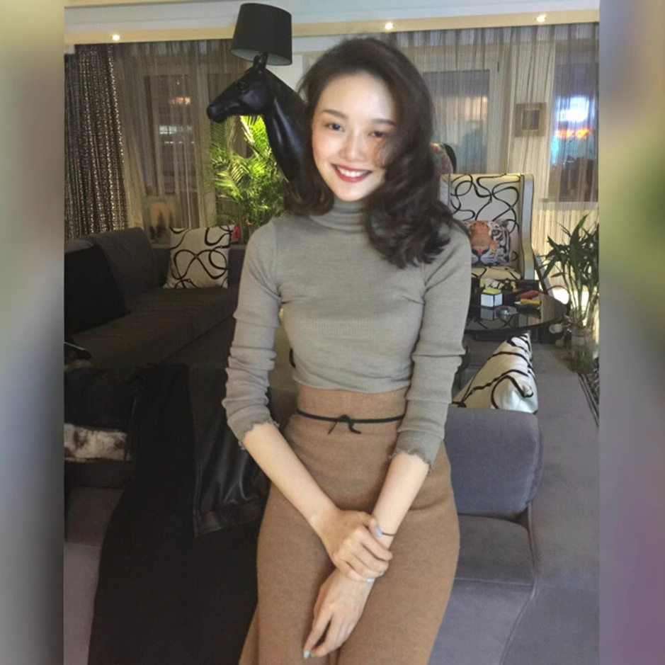 针织真丝上衣半高领批发长袖针织衫木耳边桑蚕丝打底衫女荷叶边春