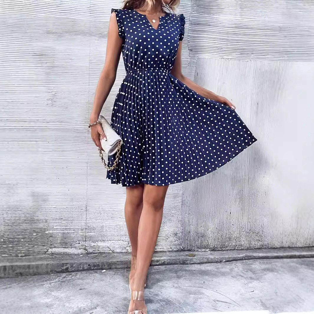 Polka Dot Ruffled Dress V Neck Short Sleeve Lightweight Fabric Casual Summer Wear Wholesale Available