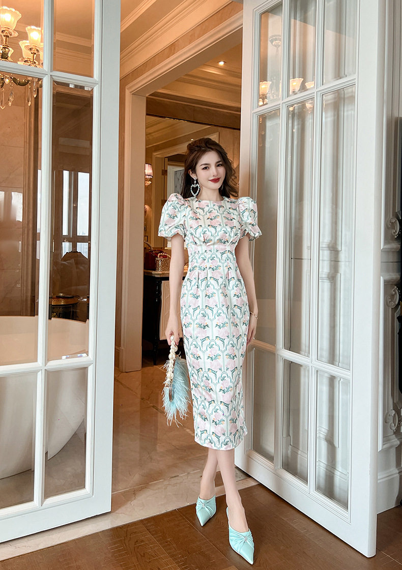 Đầm ôm body nữ cổ tròn tay bồng họa tiết hoa — [Xanh lá] chi tiết 6