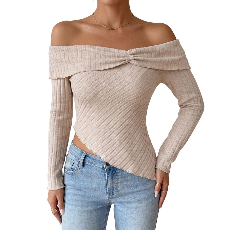 Off Shoulder Top Sweet and Elegant Style Solid Color Ribbed Texture Lightweight Fabric Wholesale Available