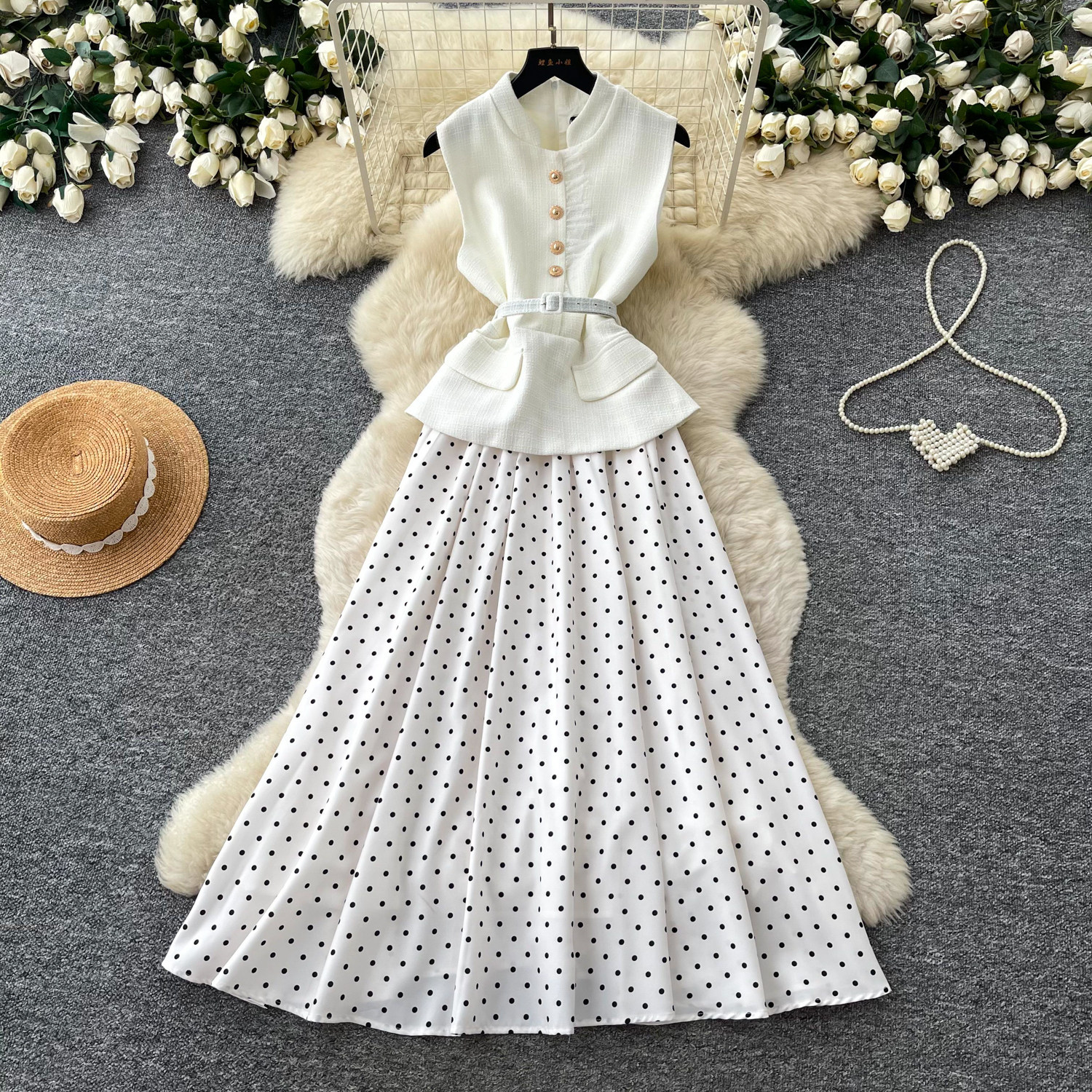 Sleeveless Polka Dot Dress Slim Fit Belted Button Closure Elegant Summer A Line Style Wholesale Available