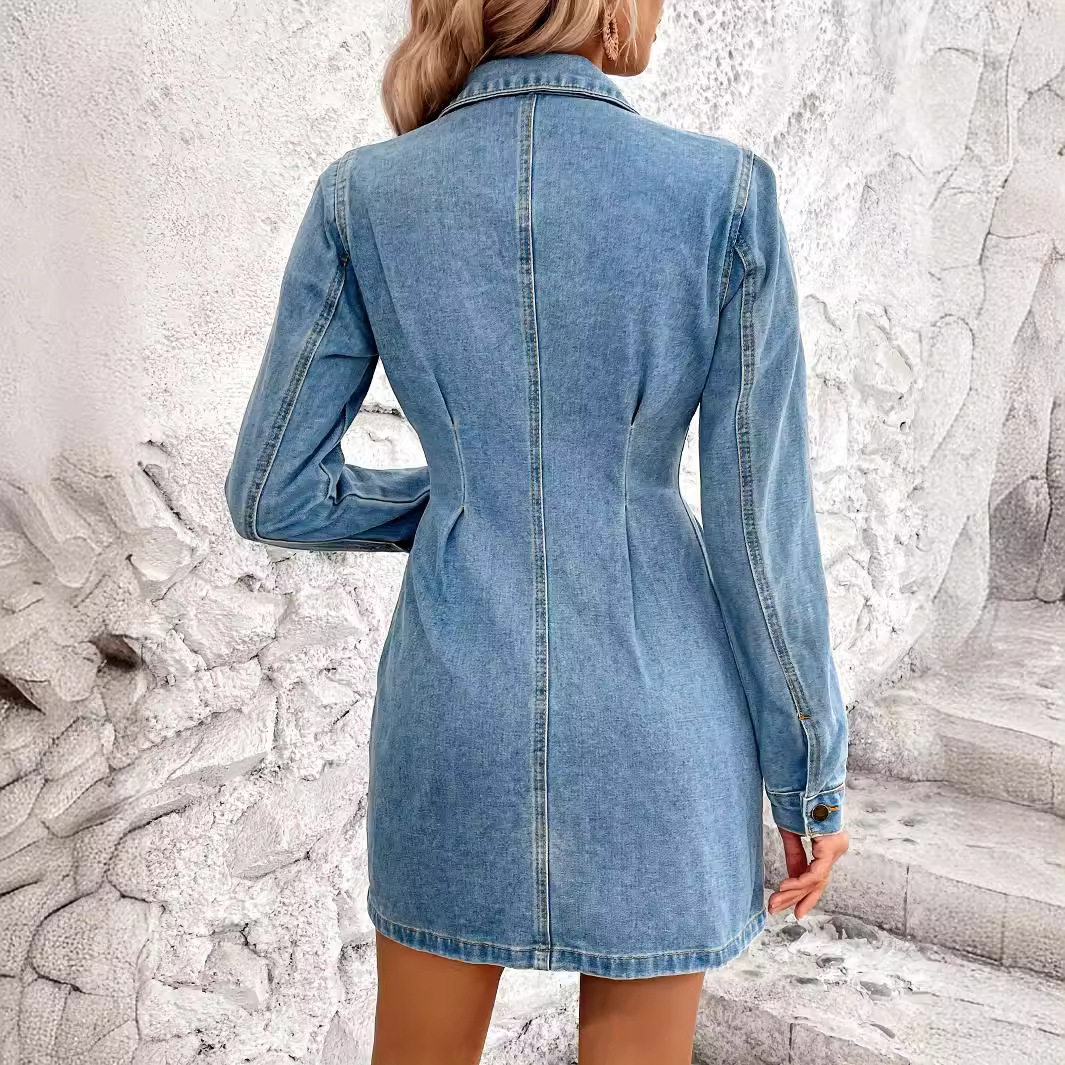 Vintage Slim Fit Long Sleeve Denim Dress Waist Defining Elegant Style Perfect for Casual Outings Ready to Ship