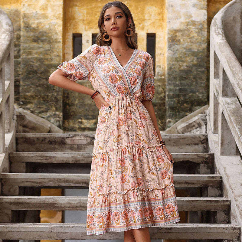 Floral Print V Neck Midi Dress Ruffled Hem Pink Color Country Style Perfect for Spring Summer Wholesale Available