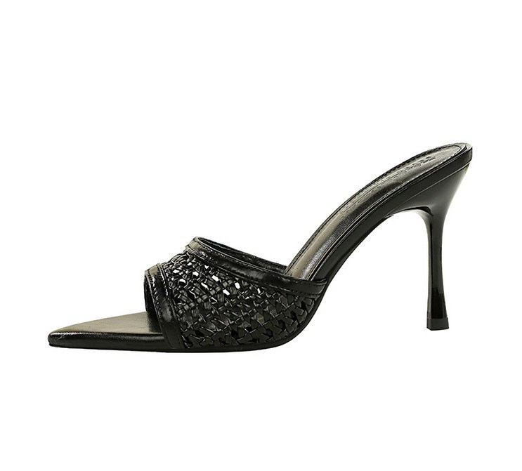 Sandal cao gót nữ mũi nhọn hở ngón quai dệt phối đồ thời trang — Màu bạc, Màu be, màu đen, Màu trắng