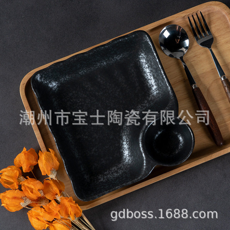 Japanese-Style Hand-Painted Ceramic Dumpling Plate with Vinegar Dish, Square Dumpling Plate, Household Sushi Plate, French Fries Plate, Chinese Trendy Style