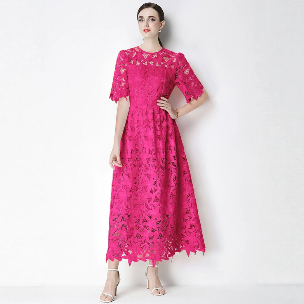 Luxury Lace Hollow Out Maxi Dress Elegant Round Neck Summer Style Perfect for Vacations Wholesale Available