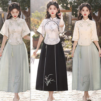 Half sleeve cotton and linen cheongsam dress two-piece set young Daily girl Tang suit tea suit suit student Republic of China style skirt