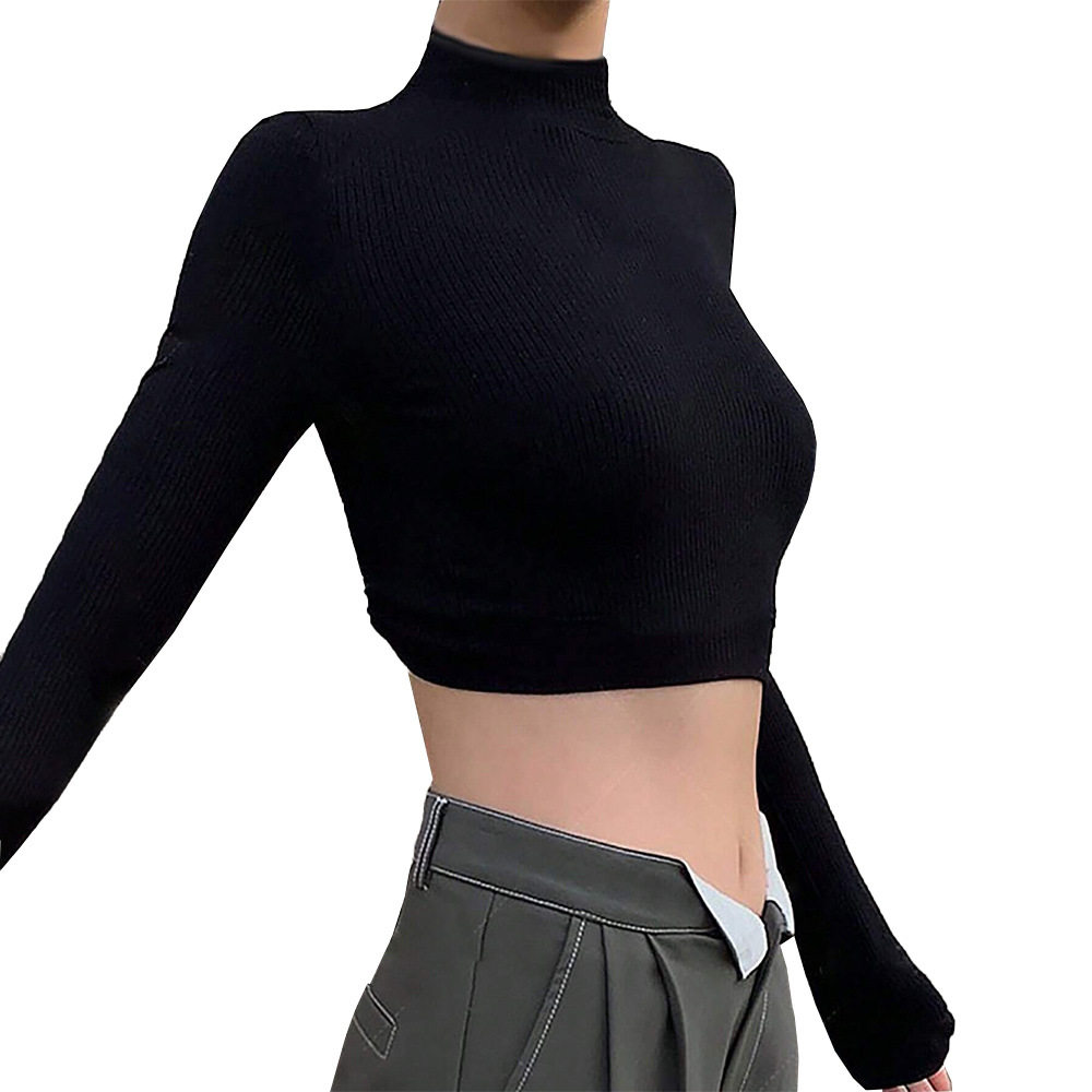 Slim Fit Half Turtleneck T Shirt Sexy Backless Design Long Sleeve Short Crop Spring Summer Womens Fashion