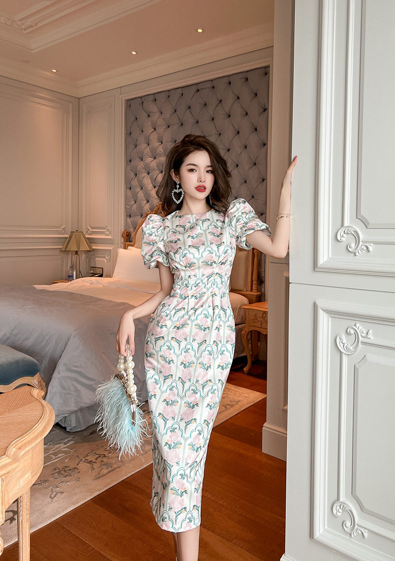 Đầm ôm body nữ cổ tròn tay bồng họa tiết hoa — [Xanh lá] chi tiết 13