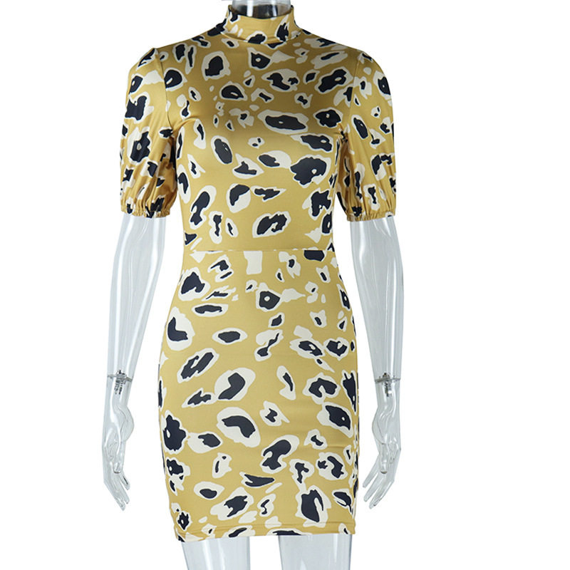 Fashionable Lantern Sleeve Mini Dress Stand Collar Printed Shoulder Pads Slim Fit Casual Summer Wear OEM Available