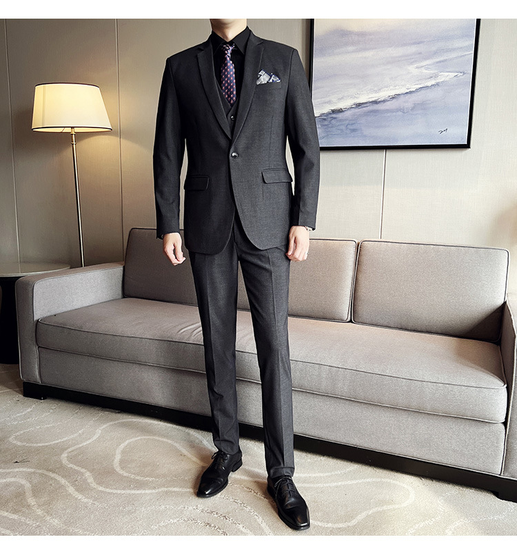 Bộ com-lê nam ba mảnh dáng ôm, áo vest một hàng khuy phong cách công sở — Màu xám (áo một nút + áo vest + quần), Màu xanh (áo một nút + áo vest + quần), Màu đen (áo một nút + áo vest + quần), Màu xanh navy (áo một nút + vest + quần)