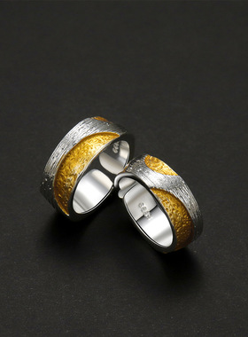 默契s925纯银金银撞色锡纸纹磨砂哑光宽版戒指小众极简风情侣对戒