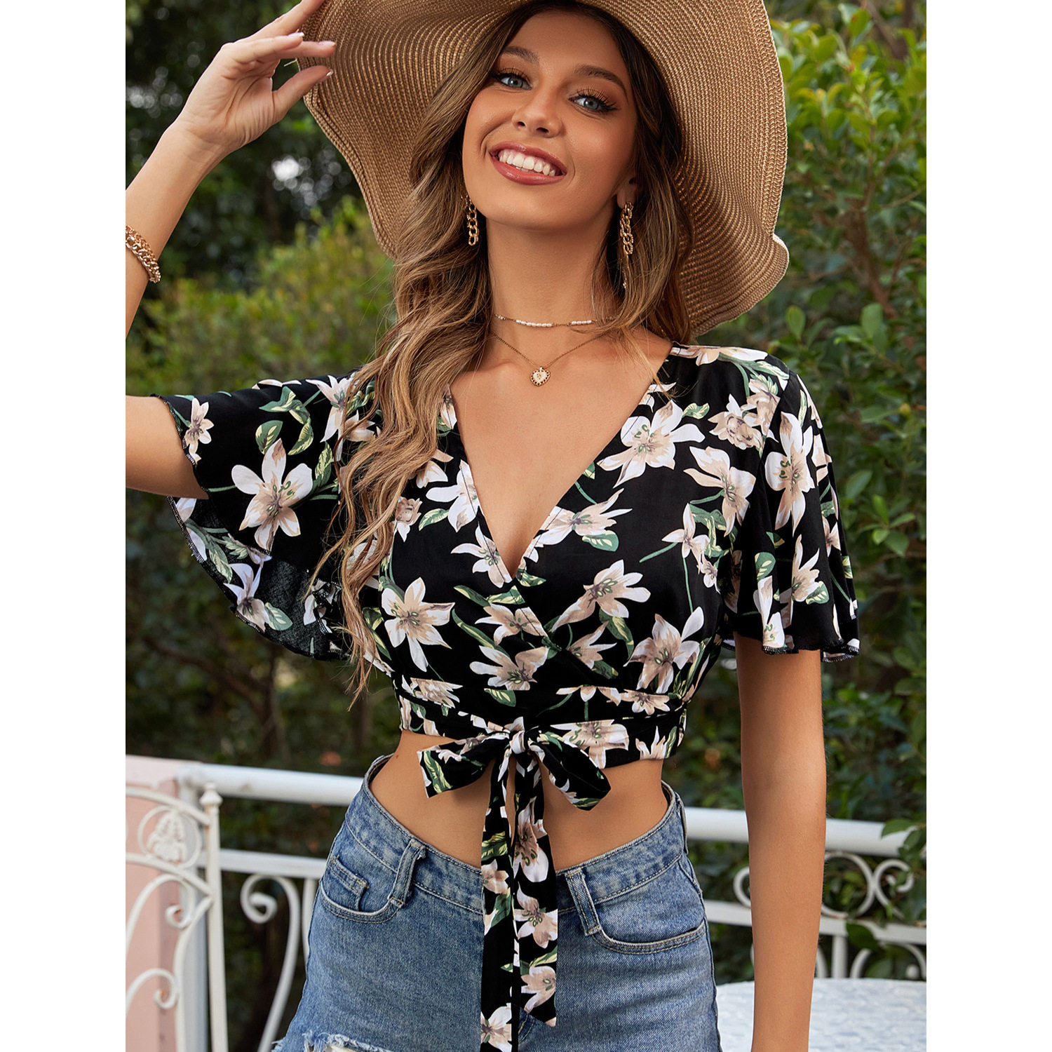 Casual Floral Print V Neck Short Sleeve Top Flared Design Versatile Style European and American Fashion Wholesale