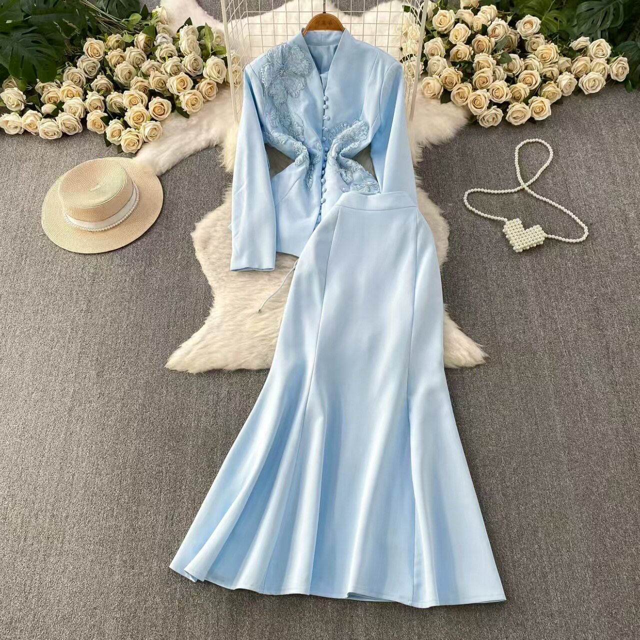 Two Piece Womens Set Slim Fit Cardigan and High Waisted Mermaid Skirt Elegant Autumn Style Wholesale Available