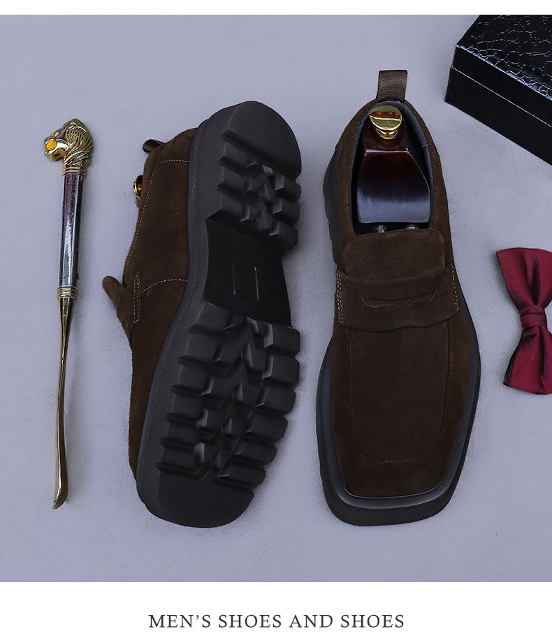 Giày loafer nam da bò lộn đế dày mũi vuông phong cách công sở — đen, màu nâu mocha