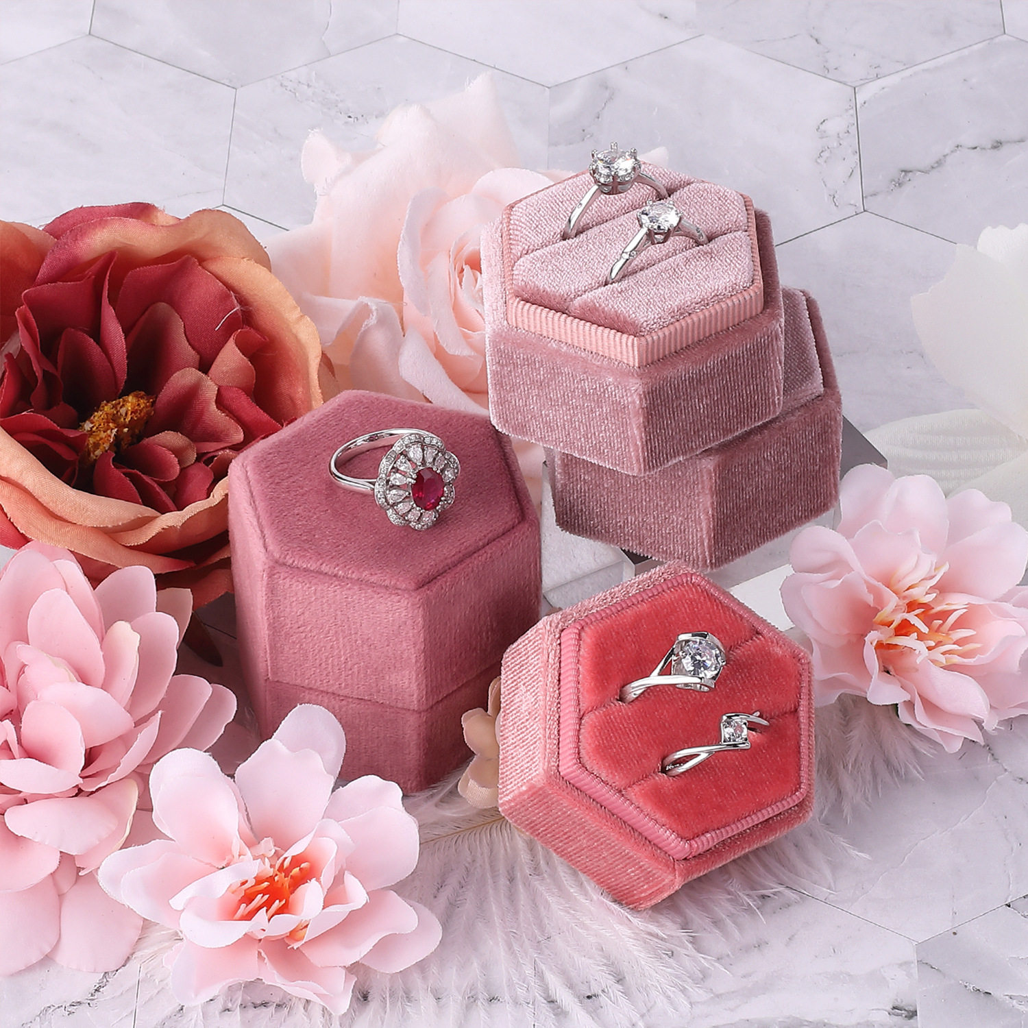 Cross-Border Hexagonal Jewelry Box, Flannel Ring Box, Earring Box, Proposal Ring Box, Jewelry Box with a High-End Feel