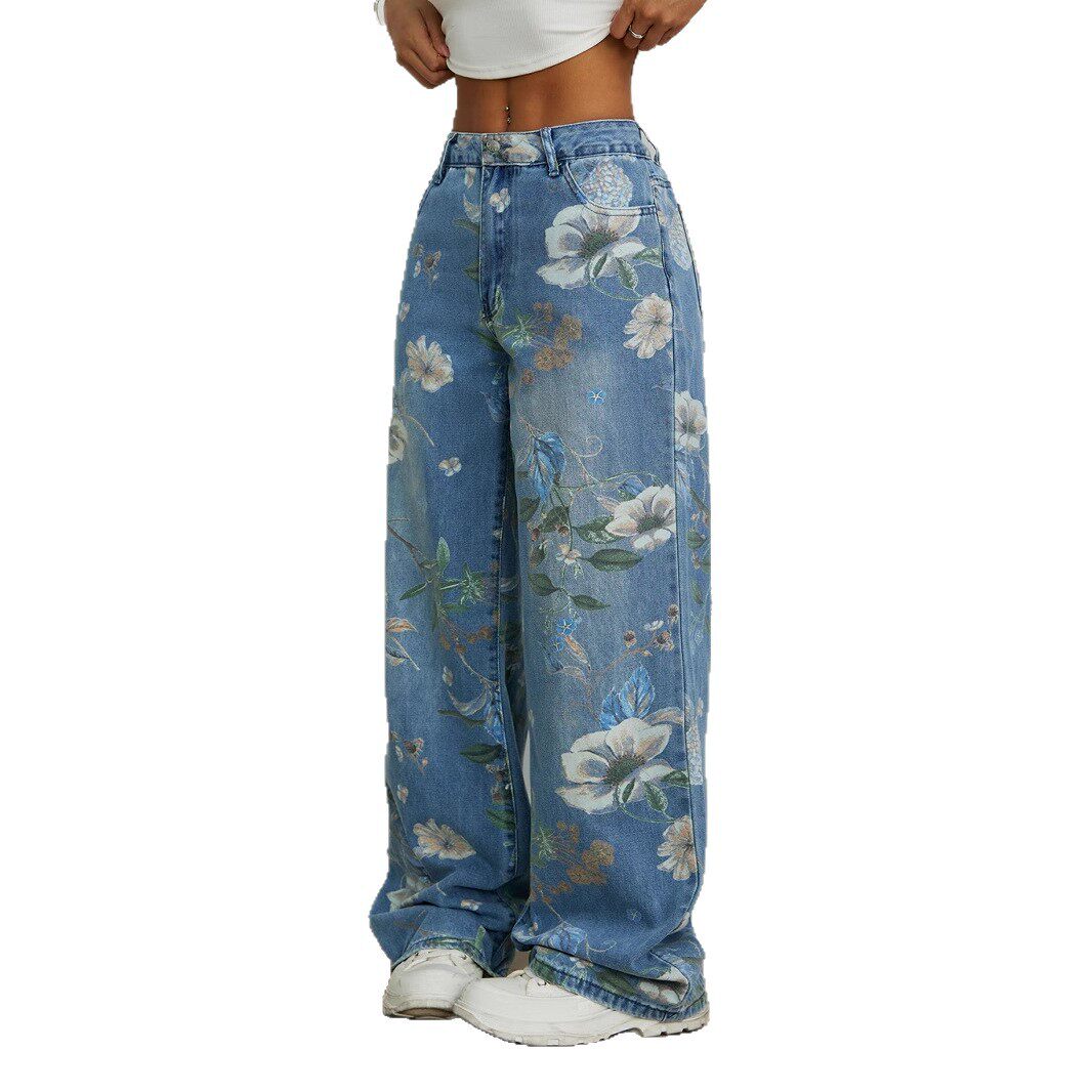 Loose Fit Wide Leg Jeans Printed Denim Street Style Casual Wear Ready to Ship Wholesale Available
