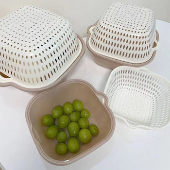 Double-Layer Vegetable Washing Basket for Home Kitchen, Plastic Draining Basket, Thickened Vegetable Washing Basin, Customizable with Logo, Living Room Fruit Tray Storage