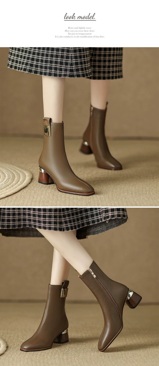 Boot nữ cổ vừa gót thô phong cách cổ điển, mũi tròn, khóa kéo bên, phối đồ dễ dàng — Màu đen, Màu kaki