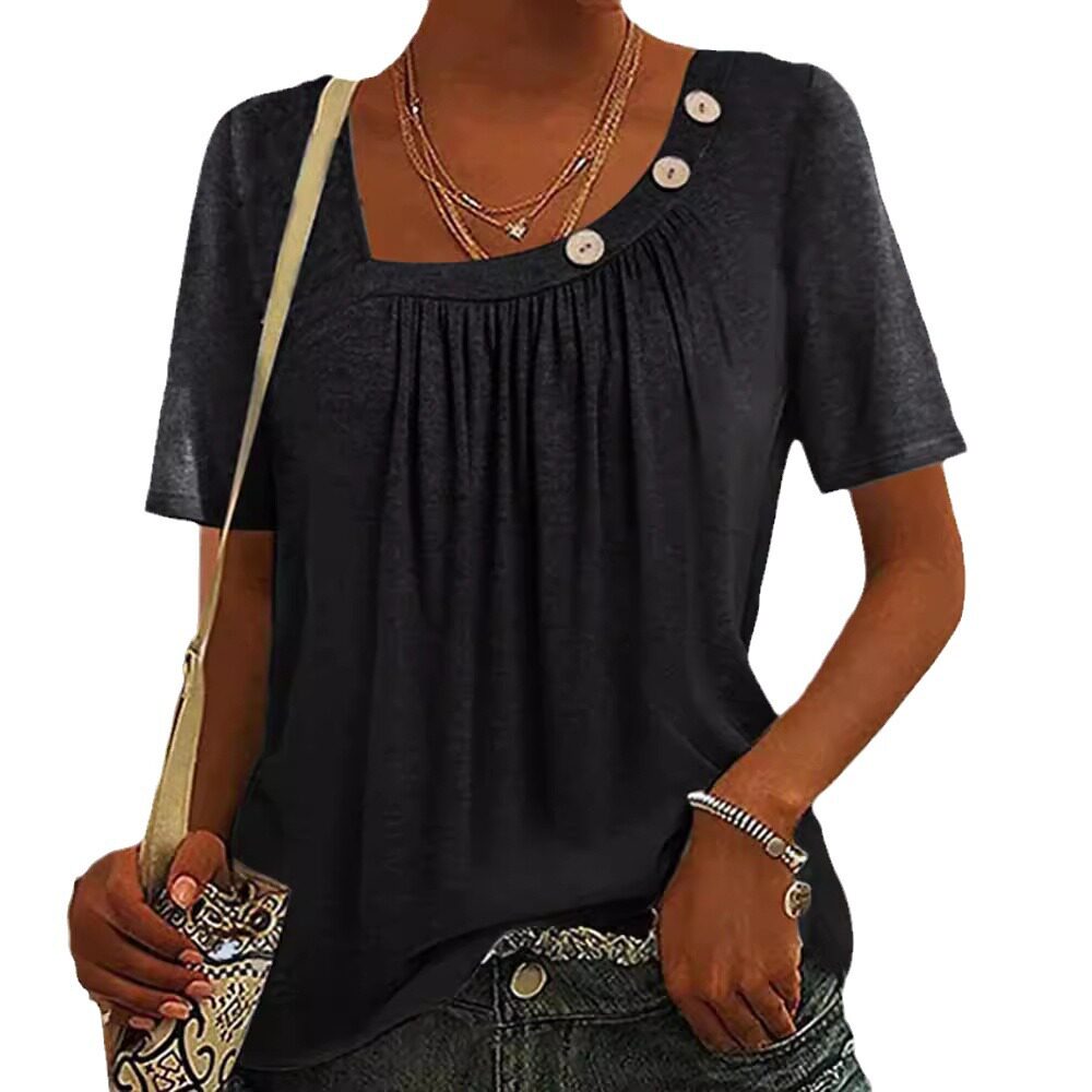 Womens Short Sleeve T Shirt Solid Color Button Detail Round Neck Summer Fashion Wholesale Available