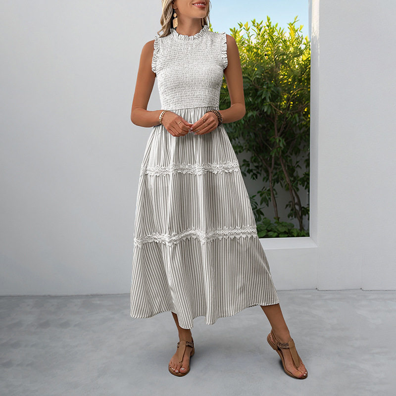 Summer Sleeveless Dress Sweet Lace Trim Striped Pattern Casual Style Perfect for Warm Weather Occasions Wholesale