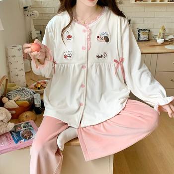 Maternity Pajamas Autumn and Winter Island Velvet Confinement Clothes Thickeneded Fleece-Lined Warm Prenatal and Postpartum Breastfeeding Set