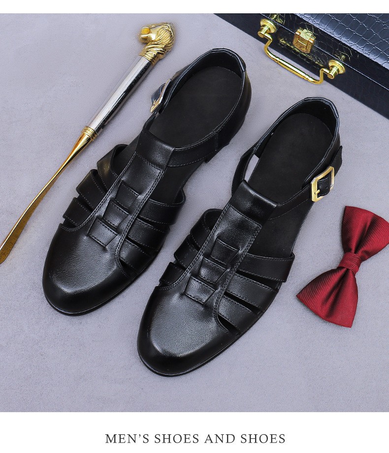 Dép sandal nam bít mũi da bò cổ điển khóa cài thoáng khí — Màu nâu, Màu đen