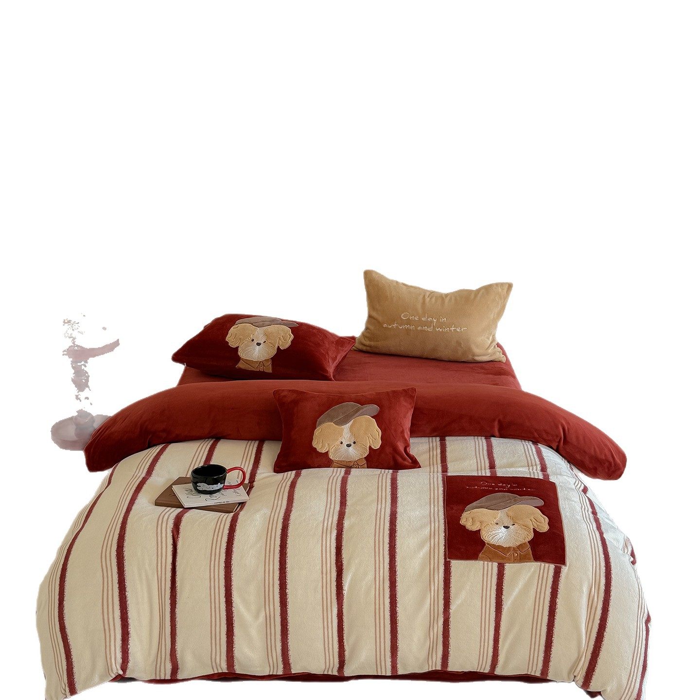 Class a Autumn and Winter Thickeneded Warm Stripesd Puppy Milk Velvet Bed Three or Four Piece Set Patch Embroidered Quilt Cover Cartoon Style