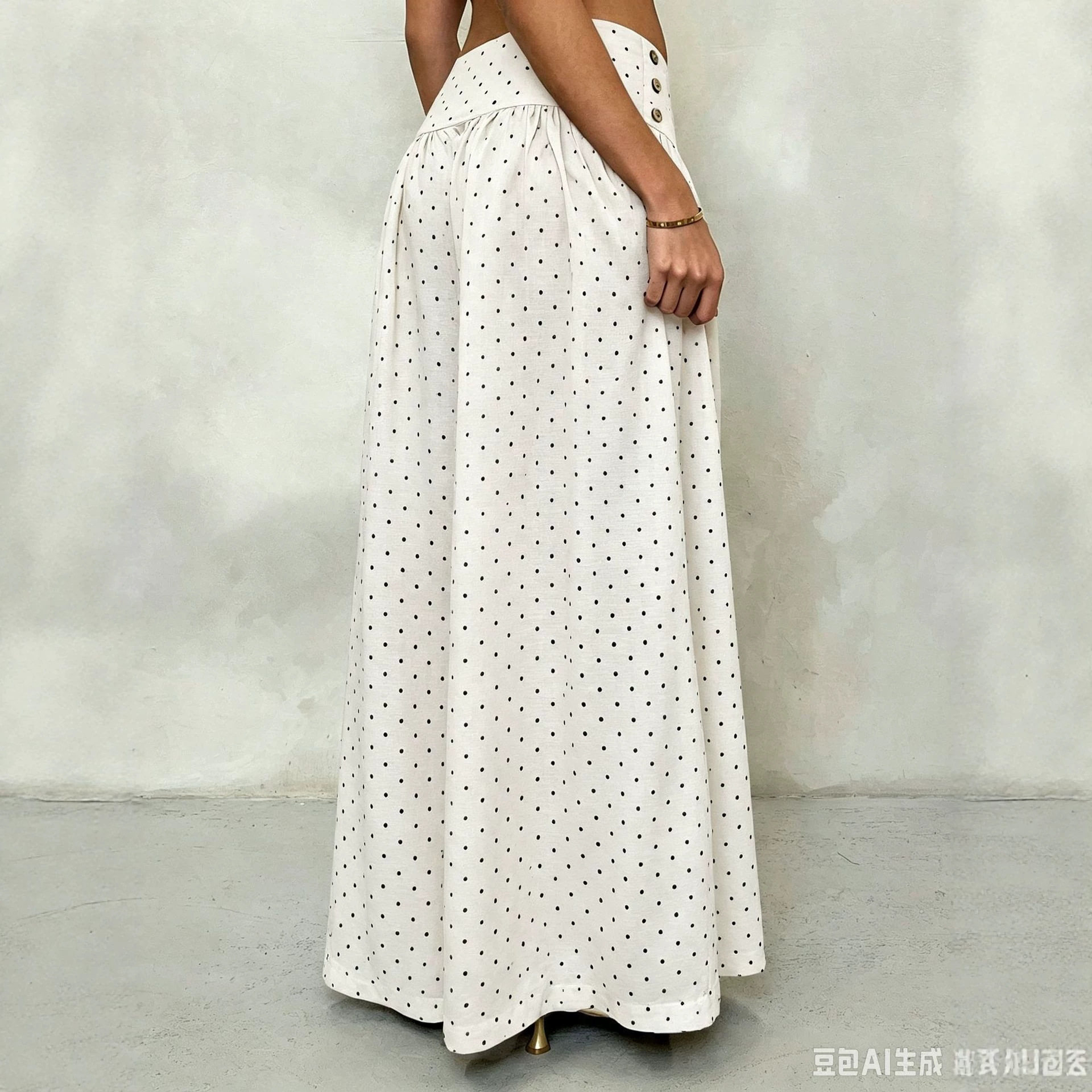 Black Polka Dot Casual Pants Lightweight Breathable Ice Silk Linen Summer Wear Wholesale Available