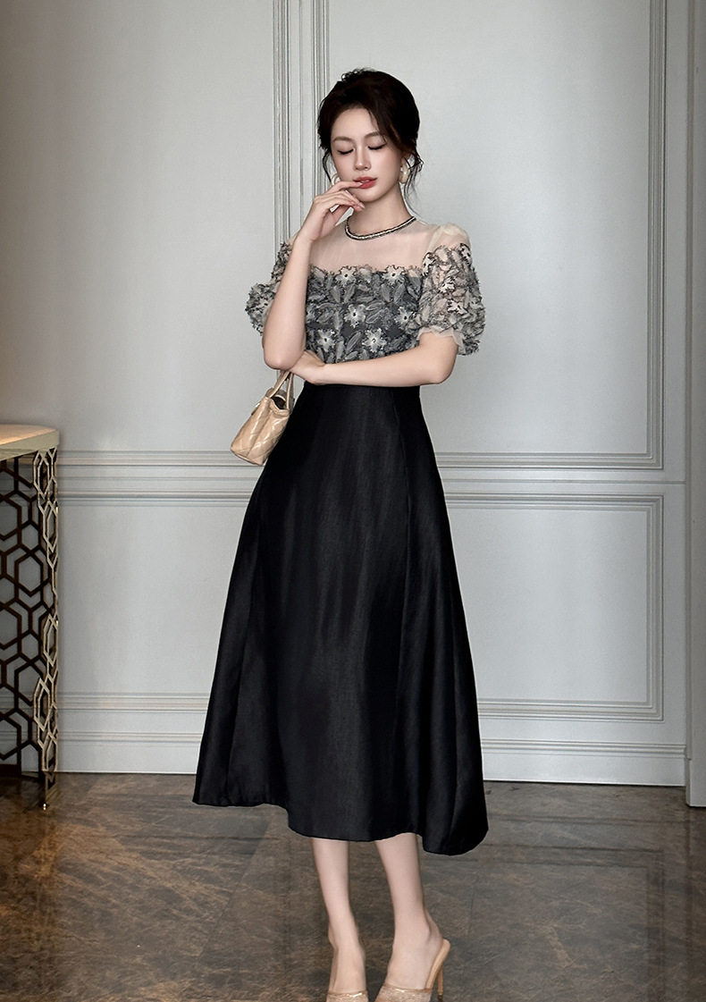 Đầm maxi nữ tay bồng cổ tròn, thiết kế ren viền cổ, dáng suông oversize, eo cao — [Đen] chi tiết 8