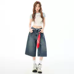 Blue Cropped Pants Women's Summer Thin Straight Loose High Waist Slimming Denim All-match Short Pants 2025 dark blue
