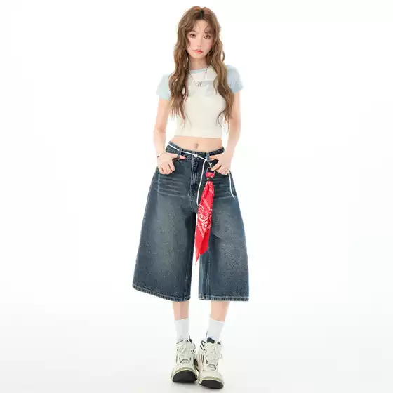 Blue Cropped Pants Women's Summer Thin Straight Loose High Waist Slimming Denim All-match Short Pants 2025 dark blue