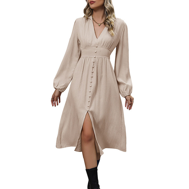 Fashionable Womens Solid Color Long Sleeve Split Dress Elegant Design Versatile for Spring and Autumn Wholesale
