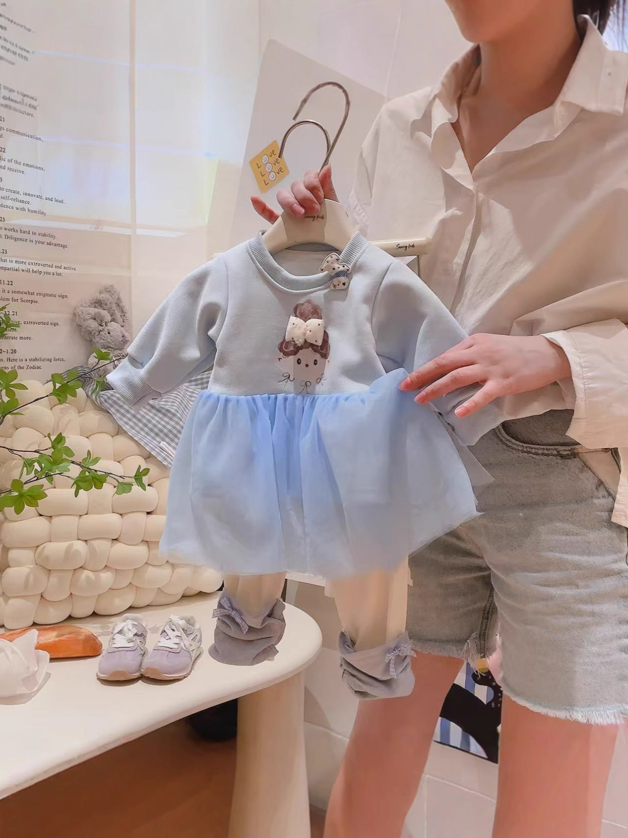 Girls' Cartoon Set, New Autumn Baby Mesh Patchwork Hoodie & Stacked Leggings Two-Piece Outfit