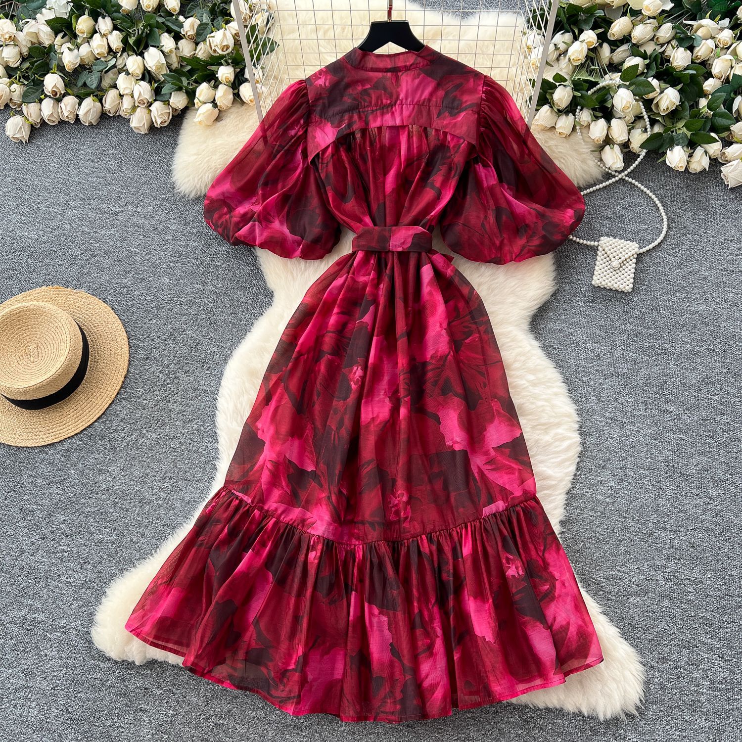 Luxury European Style Printed Puff Sleeve Dress for Women Summer Waist Tie A Line Elegant High Quality Fabric