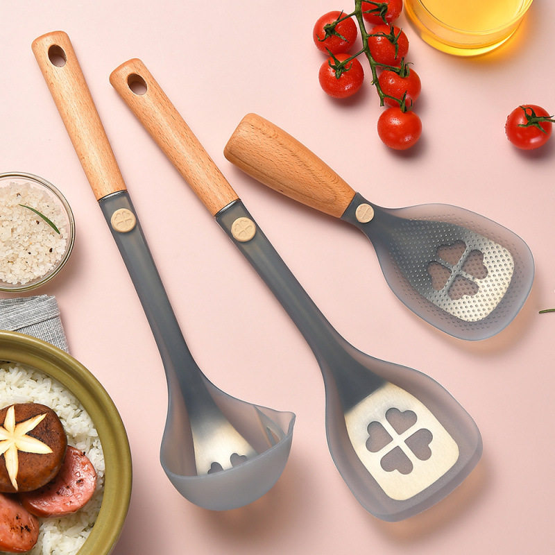 Steel Core Silicone Spatula and Spoon, High Temperature Resistant 260 Degrees, Beech Wood Handle Kitchen Utensils, Oil Filter Spoon, Rice Spoon, Non-Stick Pan Suitable
