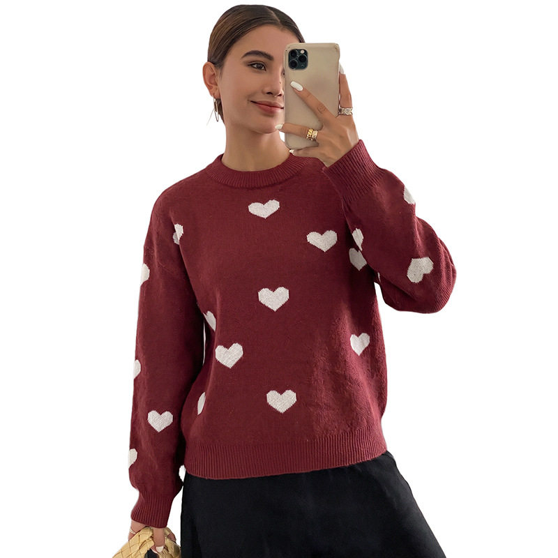Vintage Sweetheart Jacquard Sweater Round Neck Long Sleeve Cozy Knit Autumn Winter Fashion Wholesale Available