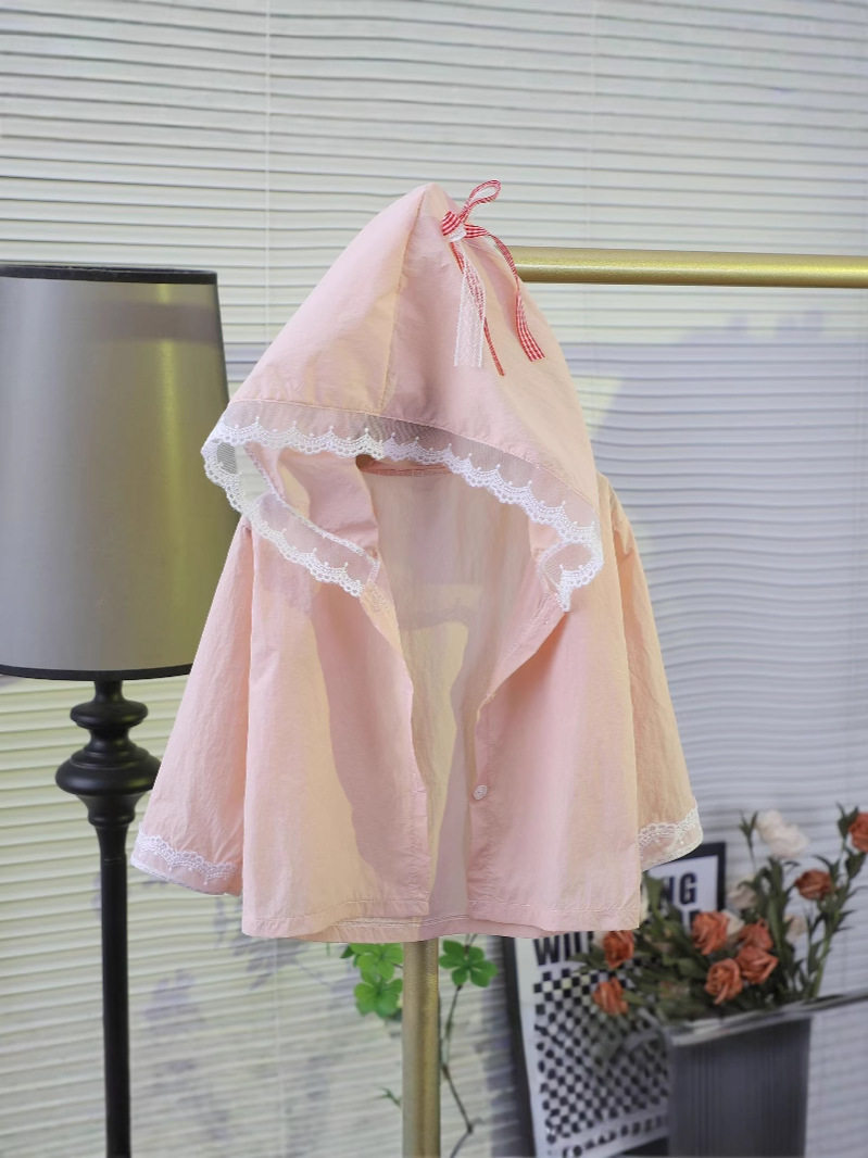 Girls' Summer Sunscreen Jacket, New Style, Lightweight Breathable Sun-Protective Coat with Lace Bow & Hood