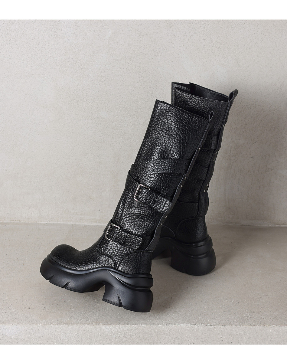 Boot nữ da bò cổ cao gót thô đế dày khóa thắt lưng — Lớp lót lông cừu giữa bắp chân màu đen, Tất đen đến bắp chân, lót một lớp., Lớp lót đơn ống dài màu đen, Lớp lót nhung dài màu đen