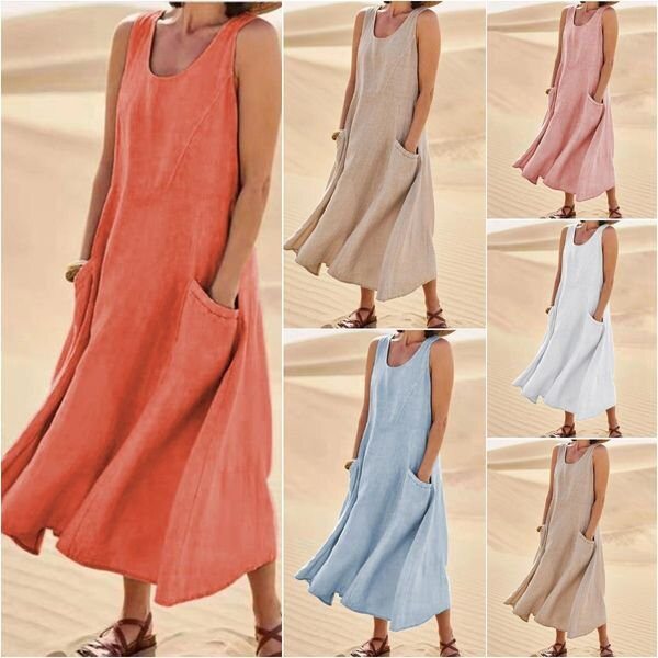 Summer Womens Cotton Linen Dress Sleeveless Round Neck Pocket Design Casual Wear for Everyday Use Wholesale