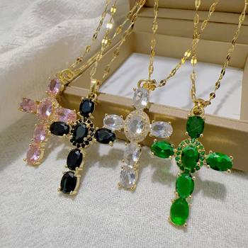 Xiyin AliExpress Copper Micro-inlaid Colorful Zircon Fashion Trend Personalized Multicolor Cross Pendant Clavicle Chain Jewelry