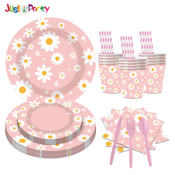 Pink Daisy Sunflower Flower Theme Disposable Paper Dinner Plate Tablecloth Paper Towel Birthday Party suit Supplies