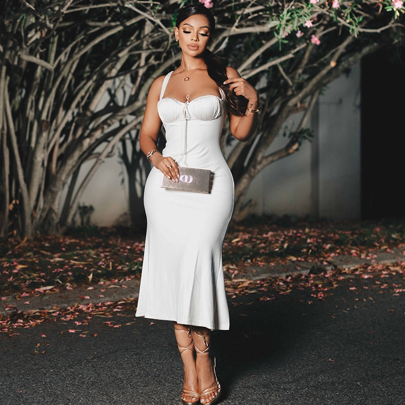 Elegant Womens Fishtail Dress Sleeveless Slim Fit Off Shoulder Solid Color Perfect for Parties and Formal Events
