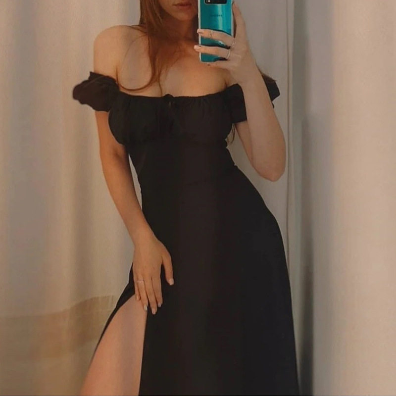 High Waist Solid Color Dress Puff Sleeve Split Hem Vacation Style Spring Collection Wholesale Available