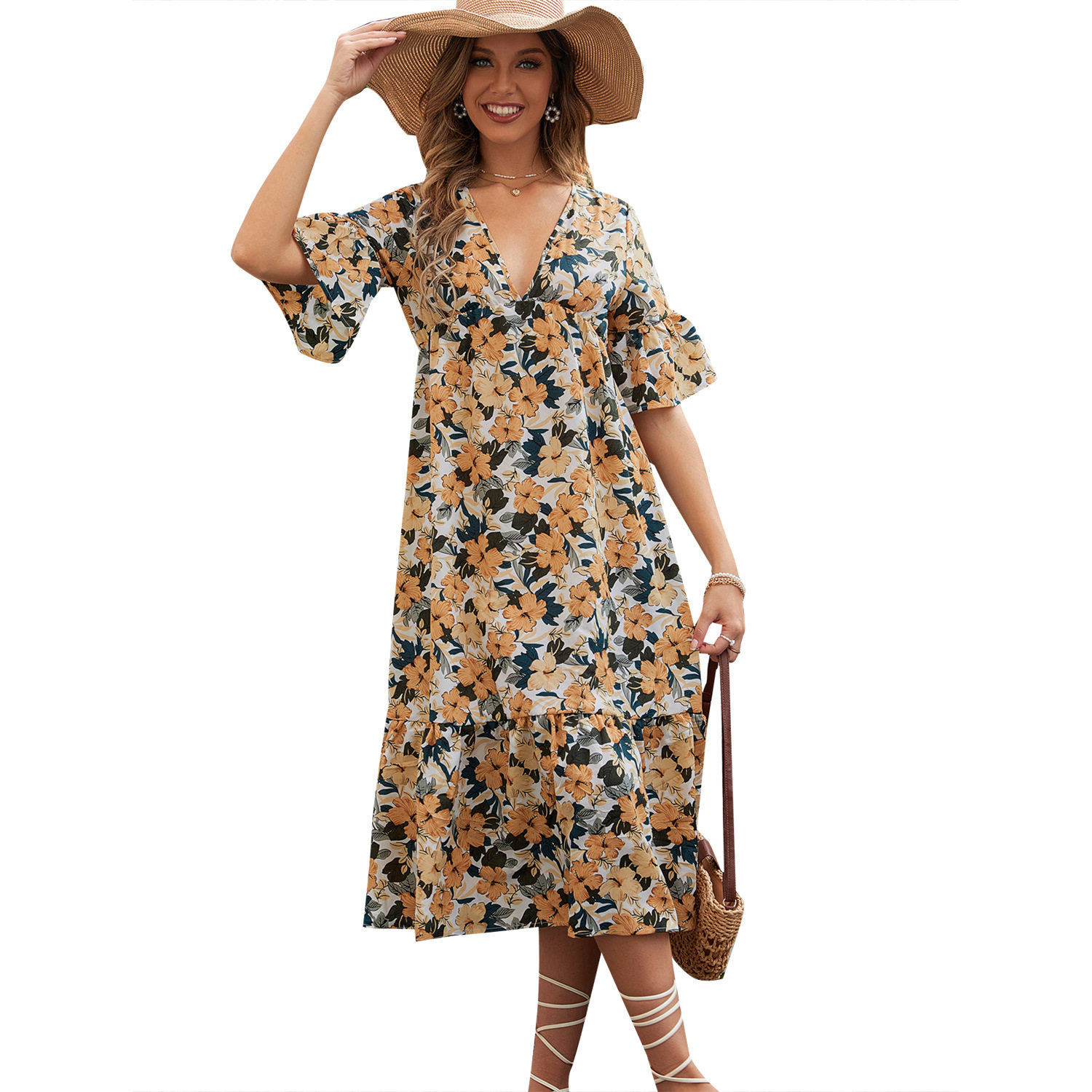 Floral Print V Neck Dress Casual Slim Fit Waist Defining Perfect for Spring Summer Outings Wholesale Available