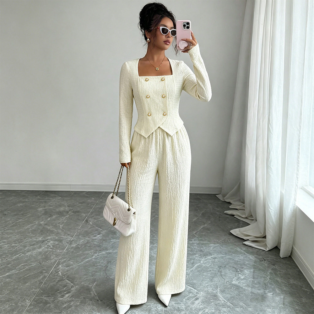 Double Breasted Square Neck Top and Wide Leg Pants Set Tailored Fit Elegant Style Perfect for Office Wear Wholesale