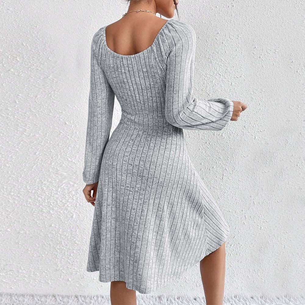 Womens Spring Summer Dress Square Neck Waist Tie Flared Skirt Long Sleeve Striped Fabric Casual or Party Wear